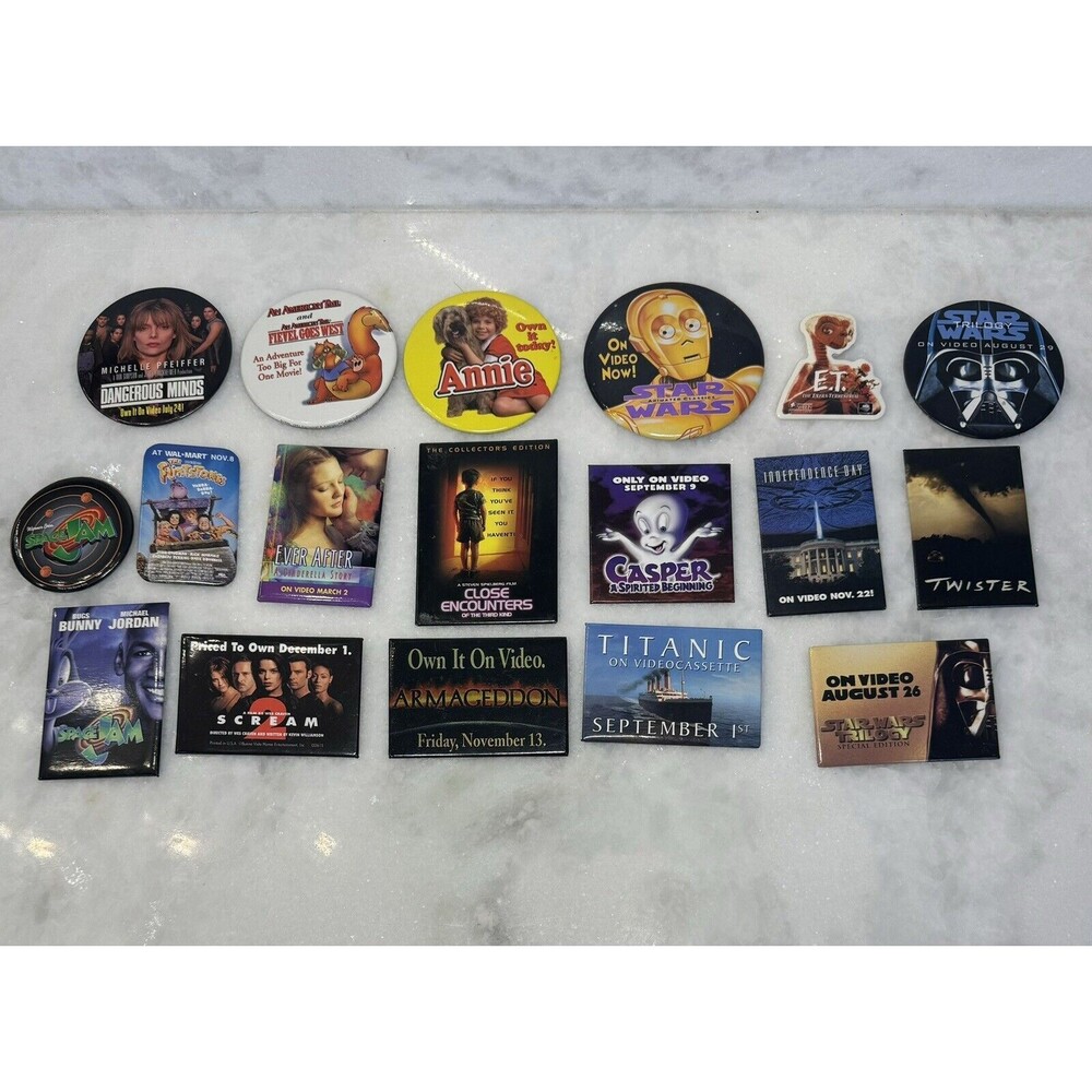 LOT OF 18 VINTAGE WALMART ADVERTISING PINS MOVIES
